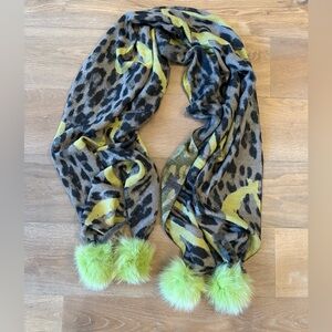 Leopard Print Wrap with Real Fur Pom Poms